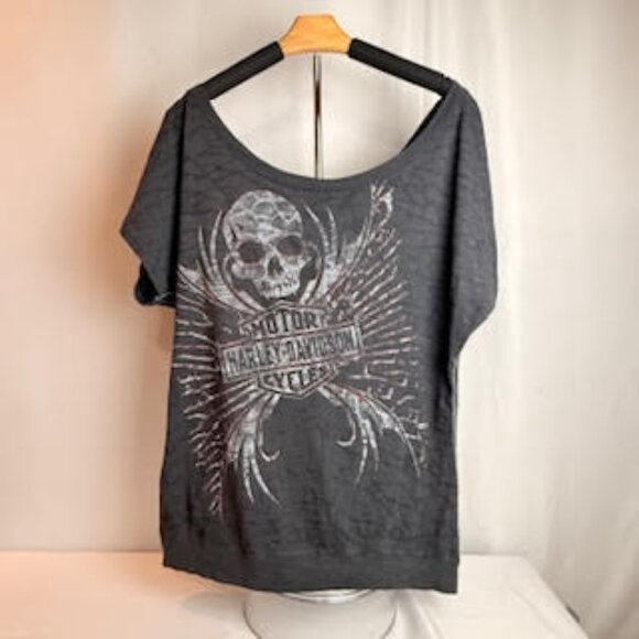 Harley-Davidson Skull Graphic Tee Black Distressed Biker Shirt Size Women's XL - Picture 3 of 13